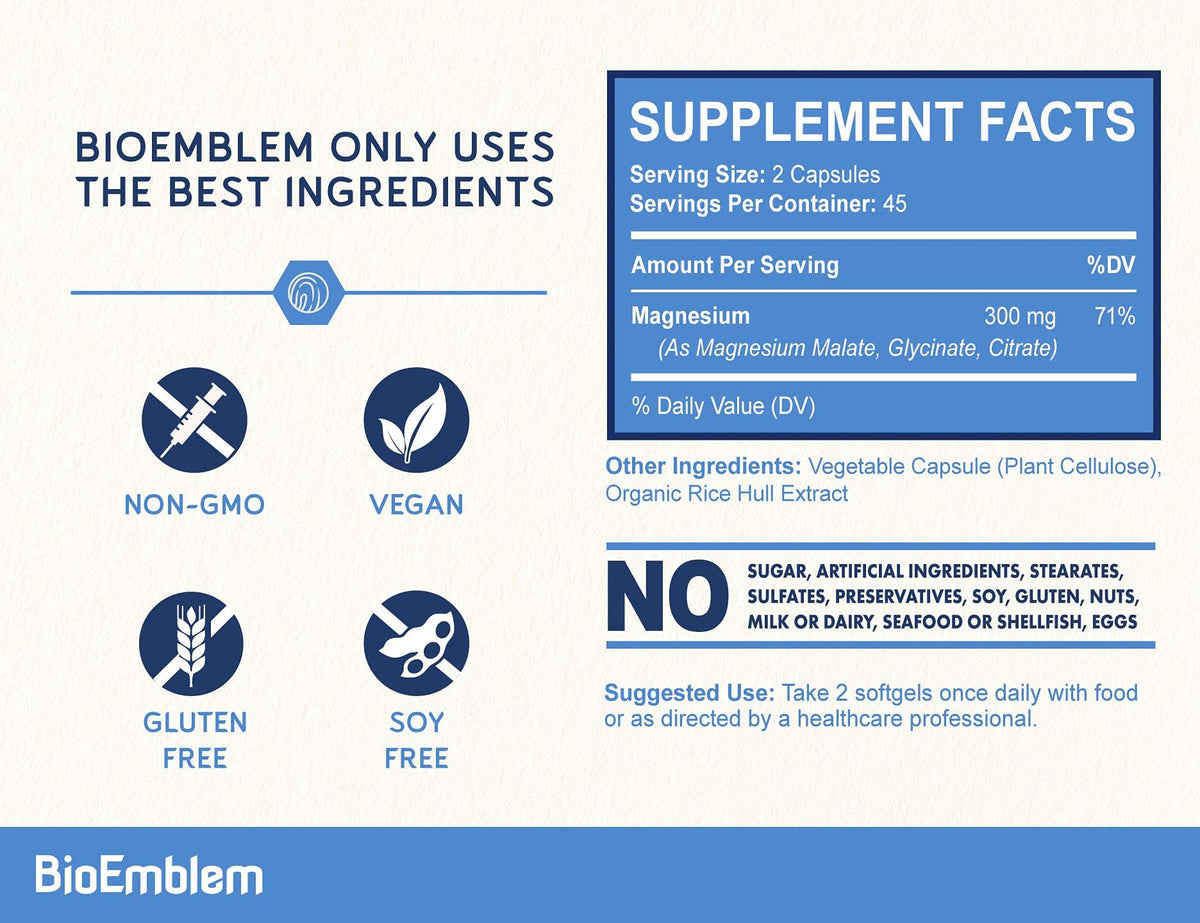 BioEmblem Triple Magnesium Complex | 300mg Magnesium Glycinate, Malate & Citrate | High Absorption Chelated Formula | Vegan, Non-GMO, Gluten-Free | 90 Capsules BioEmblem