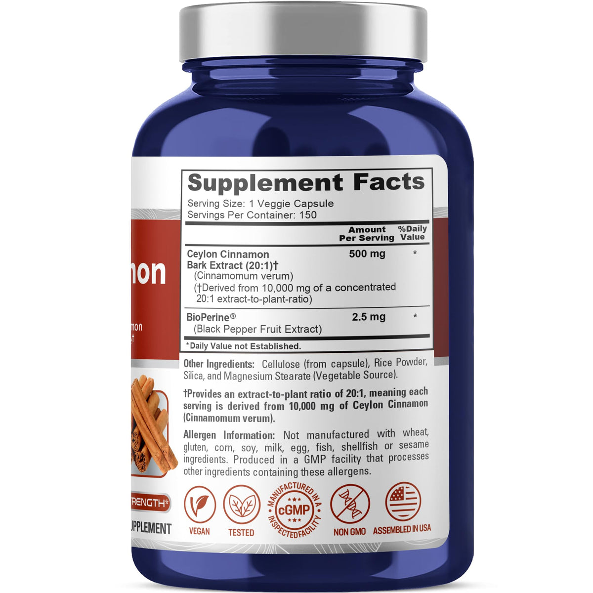 NusaPure Ceylon Cinnamon20:1 Extract, 500 mg Equivalent to 10,000 mg Per Caps | 150 Veggie Capsules | Non-GMO, Vegan with Bioperine NusaPure