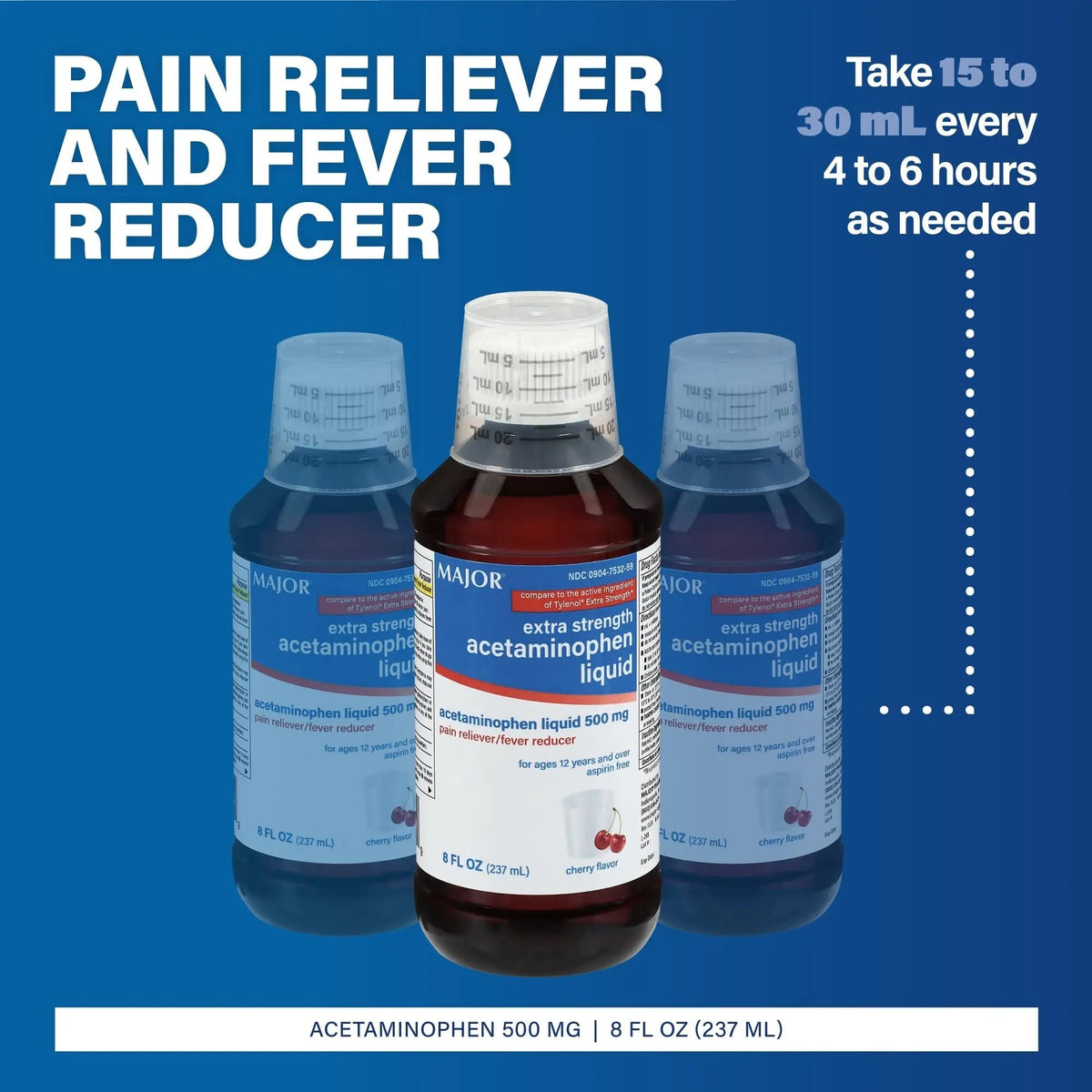 MAJOR Adult Extra Strength Liquid Acetaminophen 500mg - Helps Relieve Pain and Reduce Fevers - Aspirin Free - Cherry Flavor - 8 Fl Oz (2 Pack) MAJOR
