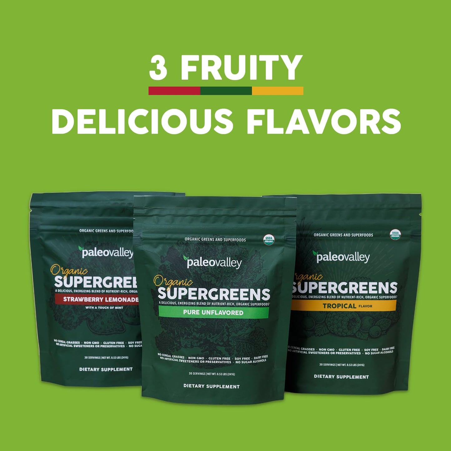 Paleovalley Organic Supergreens Powder - 23 Superfoods with Prebiotic Fiber for Energy and Immunity Support - No Cereal Grasses for Maximum Absorption - Pure Unflavored, 30 Servings Paleovalley