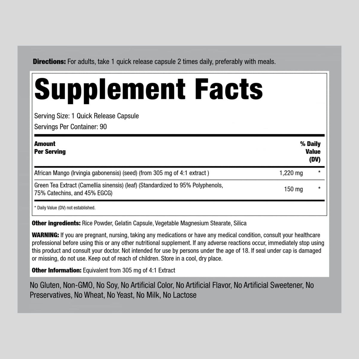 Piping Rock African Mango Seed Extract 1220 mg | 90 Capsules | with Green Tea | Extra Strength Piping Rock