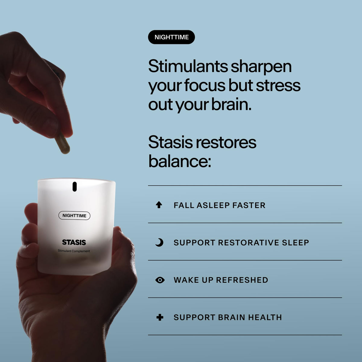 STASIS Nighttime Supplement for Men & Women with Magnesium, Melatonin, Zinc & Botanical Extracts, Evening Routine Support Capsules for Bedtime Use, Vegan, Non GMO, 25 Servings, 1 Month Supply STASIS