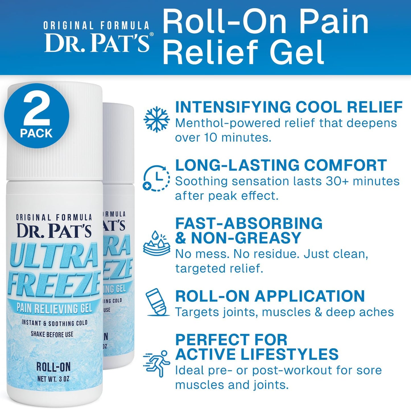 Ultra Freeze Roll-On Pain Relief Gel (3oz) - Joint & Muscle Therapy Rub for Arthritis, Neuropathy, Foot, and Joint - Cooling Topical Anti-Inflammatory (2 Pack) Ultra Freeze