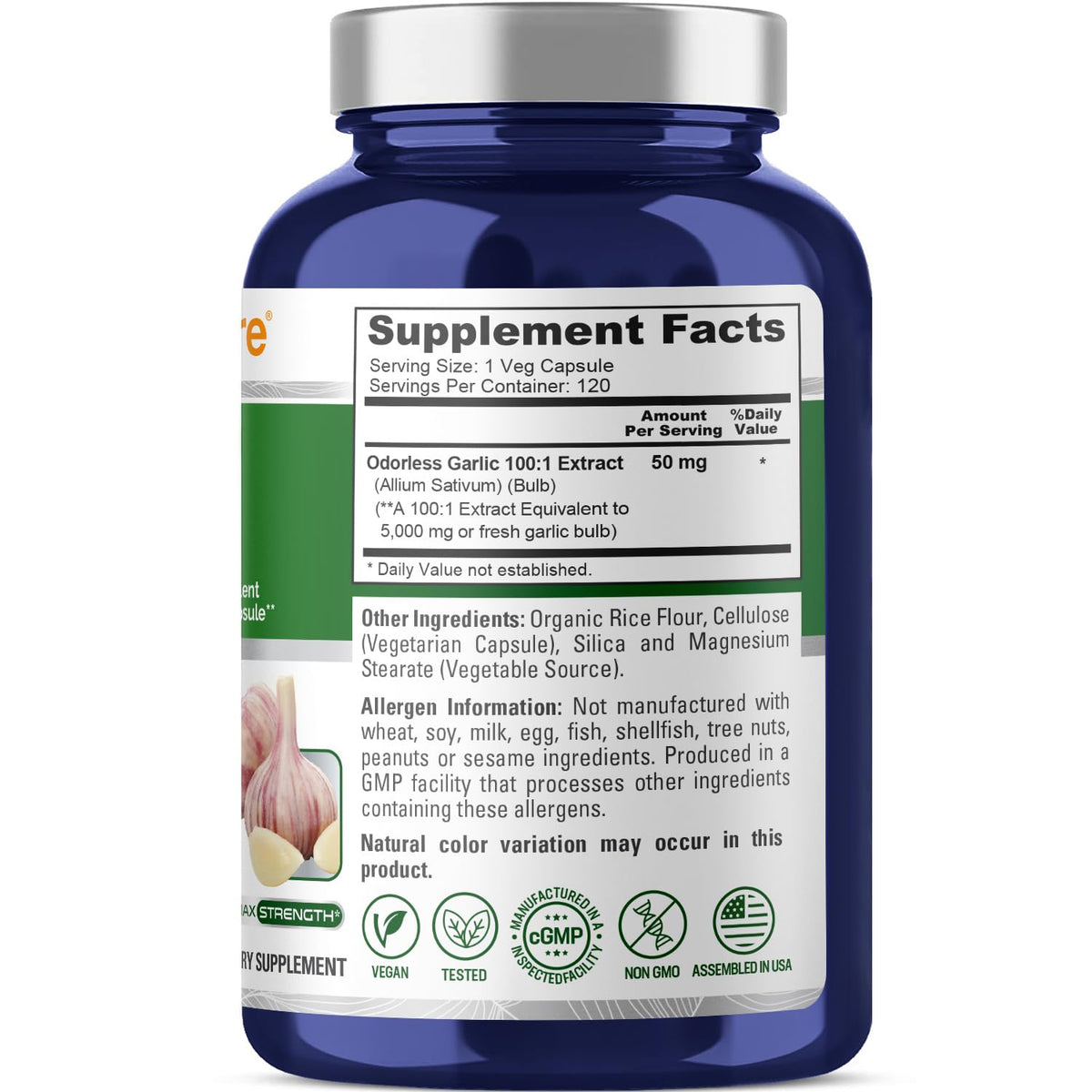 NusaPure Odorless Garlic 100:1 Extract, 50 mg Equivalent to 5000mg Capsule | 120 Veggie Caps | High Potency | Herbal Supplement | Non-GMO | Vegan NusaPure
