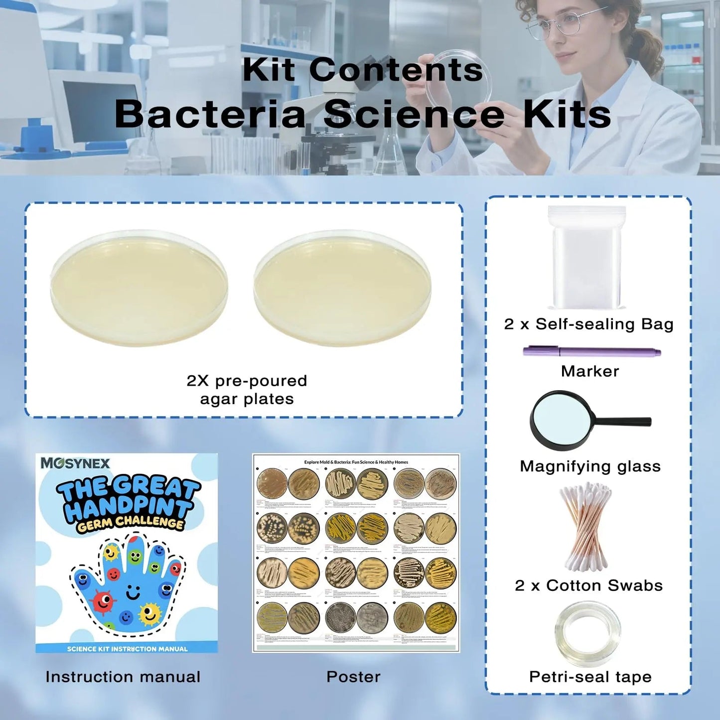 Giant Microbiology Bacteria Science Kit for Kids:2 XL 150mm Prepoured Nutrient Agar Plates, Petri Dishes with Agar & Colony Characteristics Poster for School Projects & Educational Gifts Mosynex