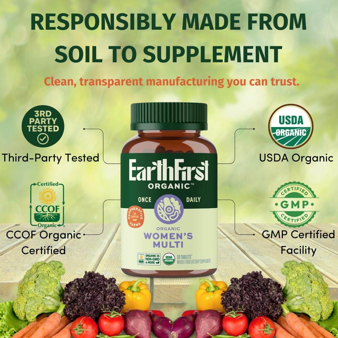EarthFirst Organic Women’s Multi Once Daily, Women's Multivitamin, Iron, Vitamin B12 & More, 19 Vitamins from Herbs & Superfoods, 30 Count EarthFirst Organic
