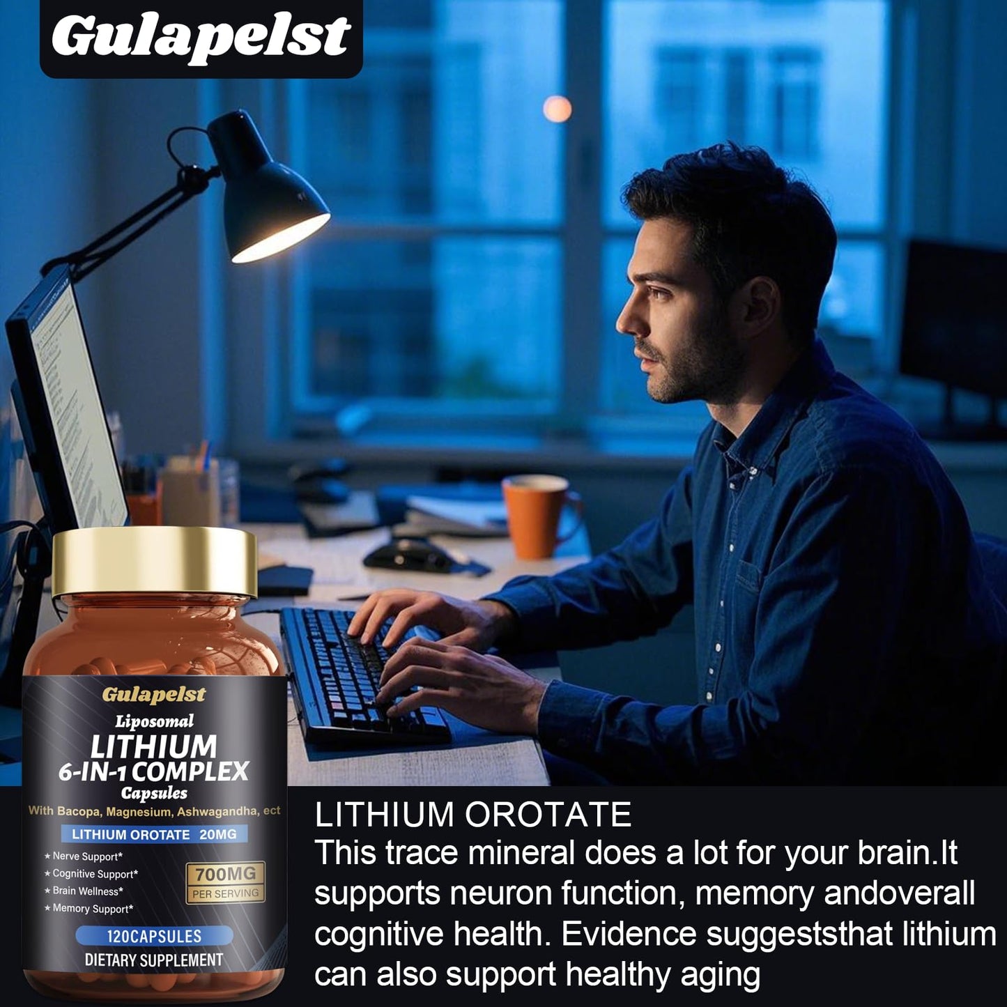 Lisopomal Lithium Orotate Complex Capsules, Lithium Orotate 20 mg, Magnesium Glycinate & Ashwagandha, Brain Health Supplements for Cognitive, Mood & Memory Gulapelst