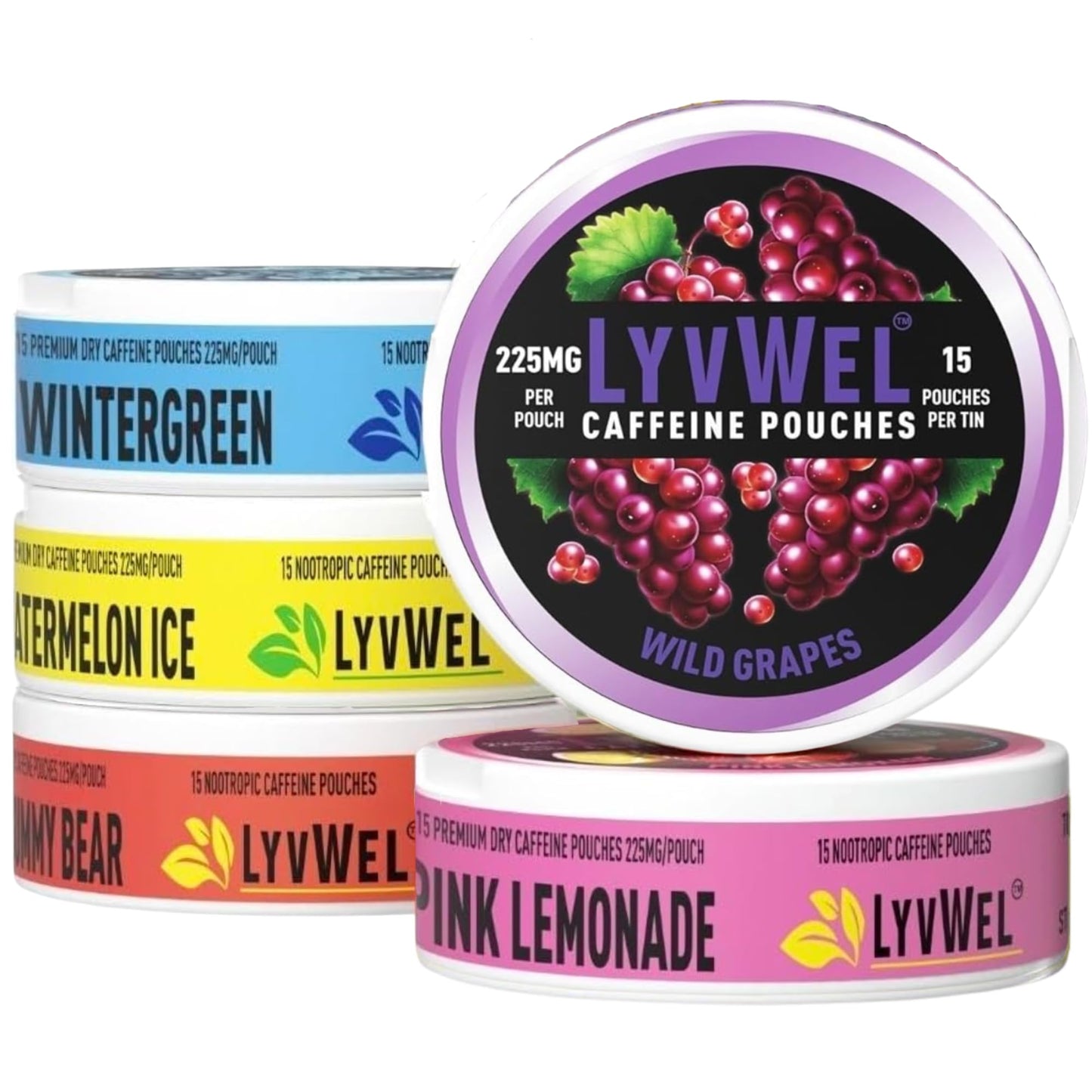 LyvWel 225mg Caffeine Energy Pouches | Nootropic Focus & Neuro Support | Tobacco-Free, Nicotine-Free, Quick Energy Solution | 5-Pack: 60 Pouches (5 Pack, Multi-Pack) LyvWel