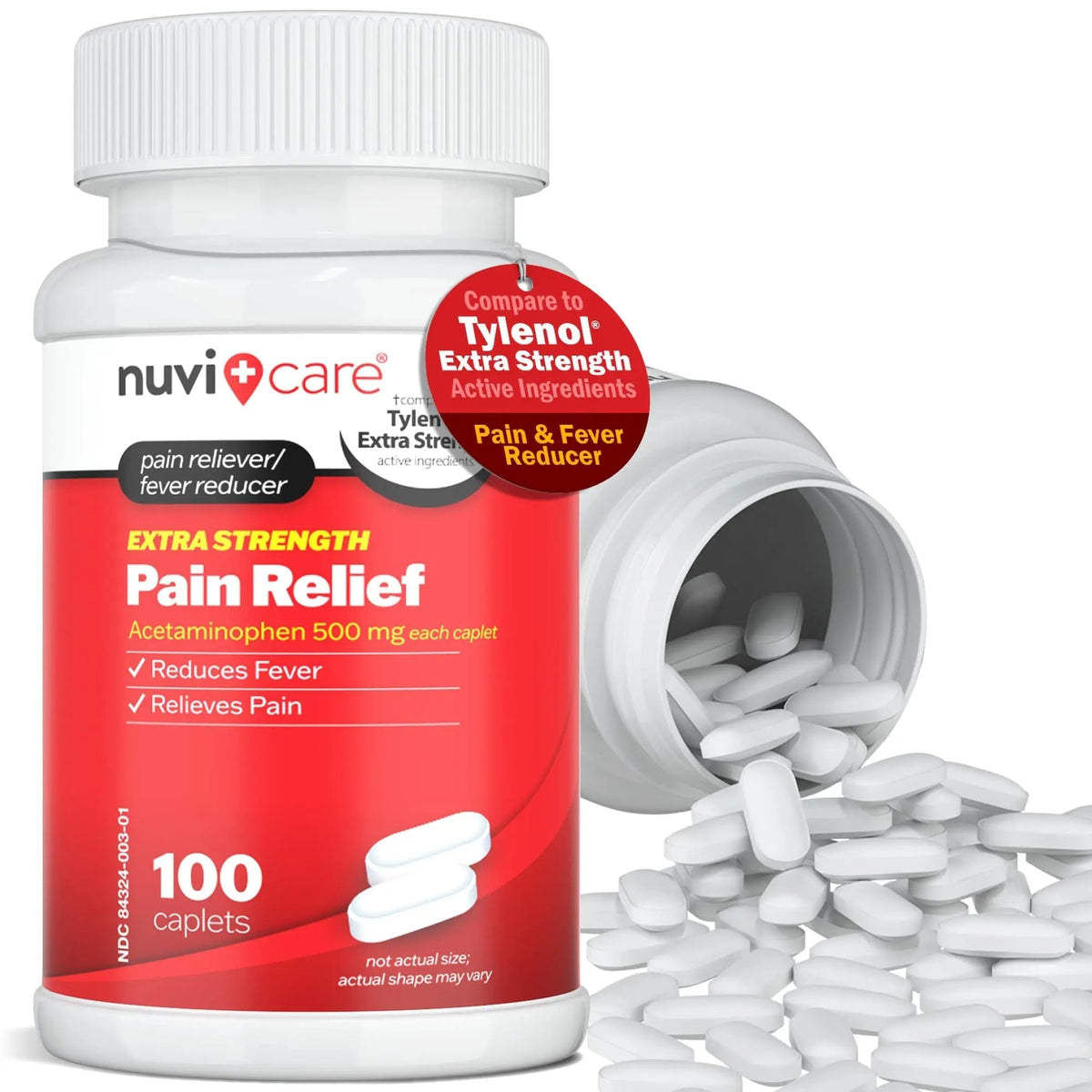 NUVICARE Acetaminophen 500mg Extra Strength Pain Relief - Compare to Tylenol Extra Strength Pain Reliever & Fever Reducer - 500mg Tablets for Adults for Headaches (100 Caplets) NUVICARE
