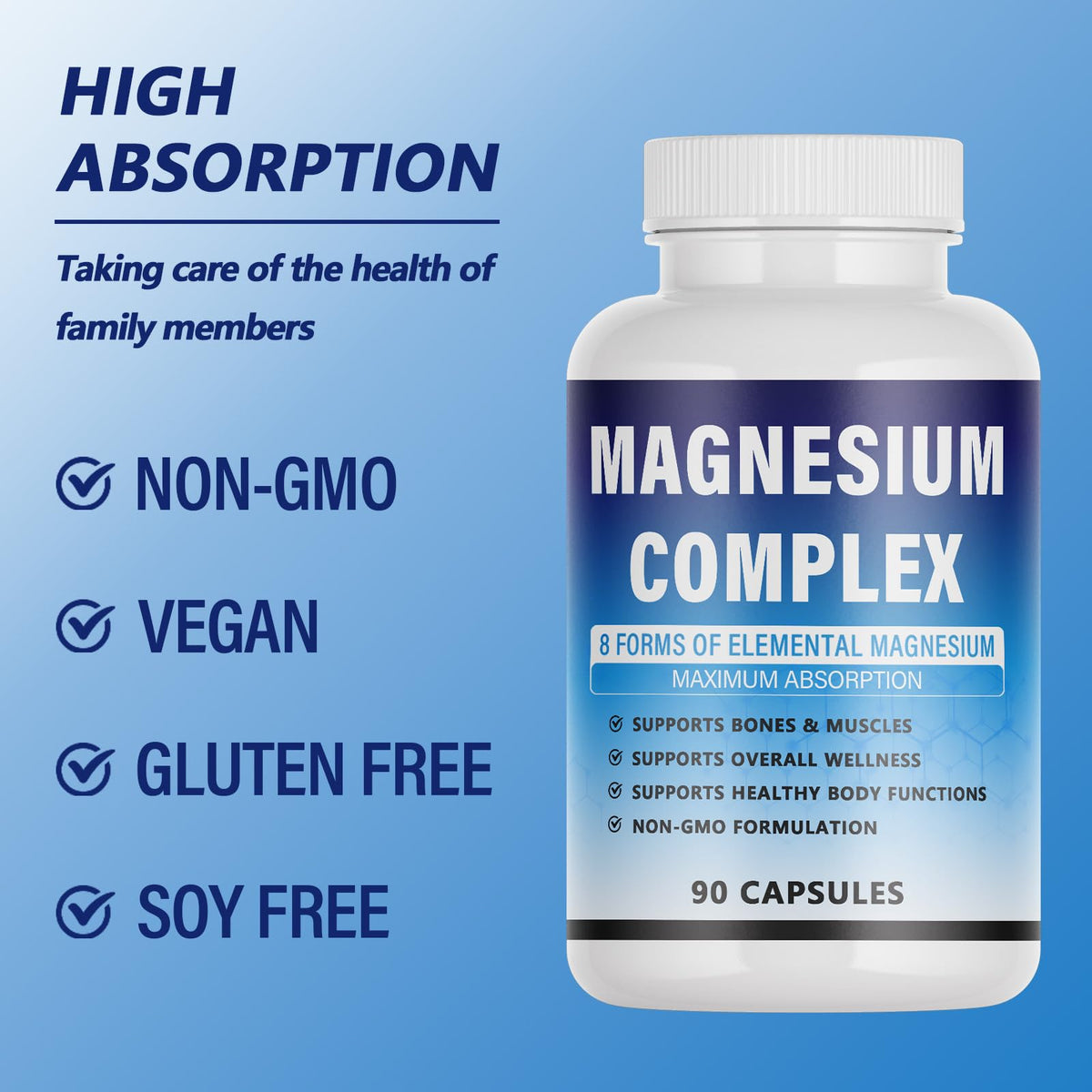 Magnesium Complex Supplement - 8 Elemental Magnesium 1000mg - Glycinate, Citrate, Malate, Taurate Chelated | Easy Absorption, Energy Support | Vegan Non-GMO, 90 Capsules (1pc) KFUKFU