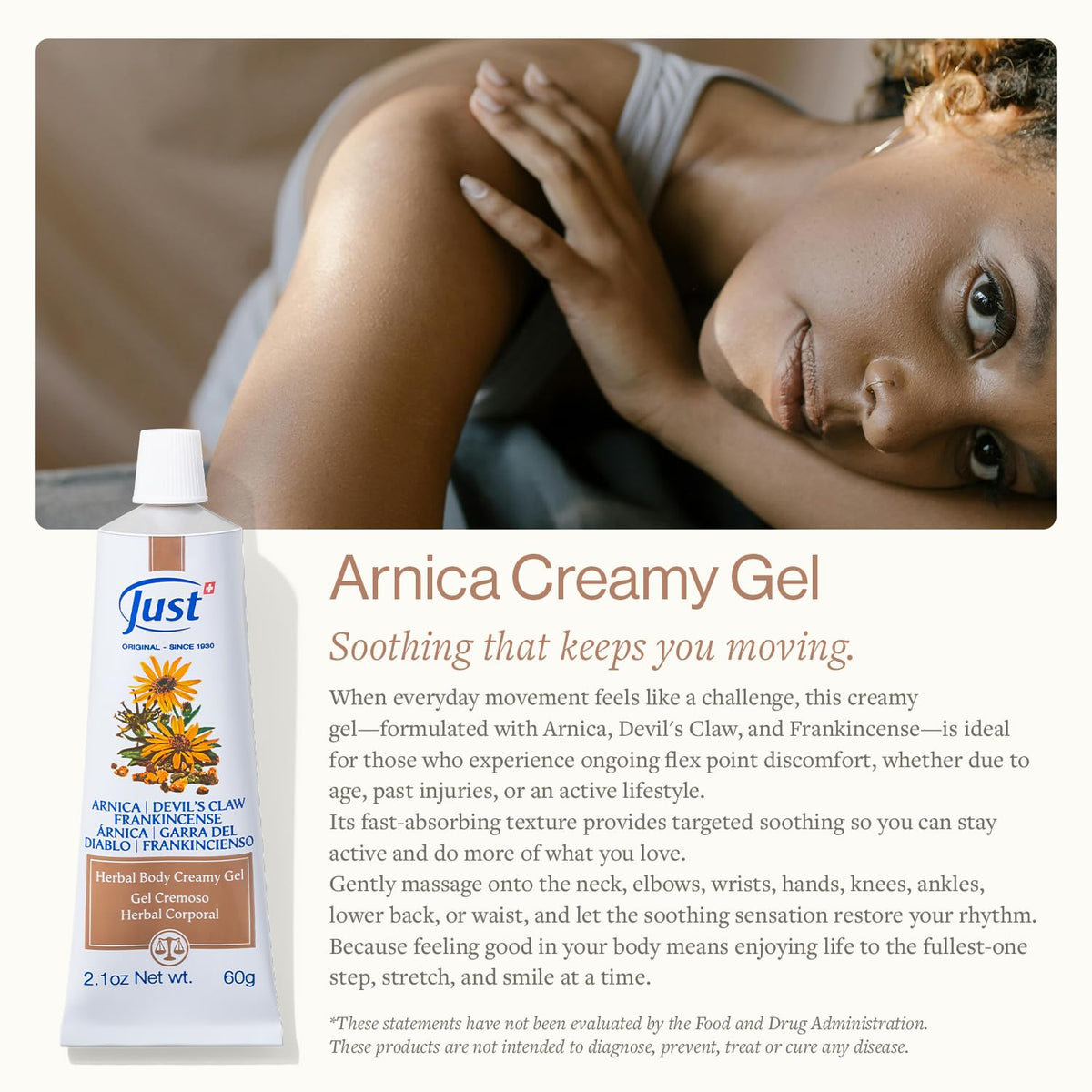 Swiss Just Arnica Gel, Arnica Creamy Gel 60g. Arnica Cream w/Devils Claw & Frankincense Oil. A Gentle Massage Cream on Wrists, Fingers, Knees, Ankles, Joints, Waist, Neck, and Back. SwissJust