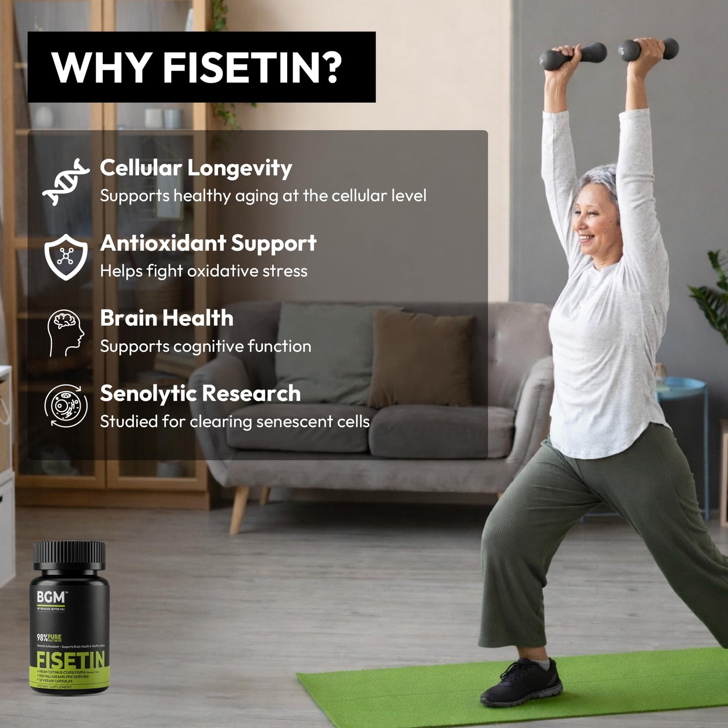 BGM Fisetin 500mg Supplement | Smoke Tree Extract (Cotinus coggygria) | 98% Pure Senolytic Antioxidant | Vegan Capsules | Supports Brain Health & Healthy Aging BGM Better Goods, Better You