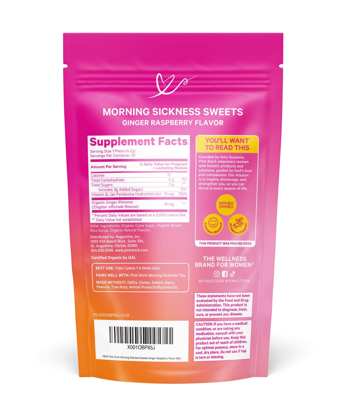 Pink Stork Morning Sickness Sweets Organic Raspberry Ginger, 30 Count | USDA Organic Ginger + Vitamin B6, Motion Sickness Support, Digestive Comfort + Heartburn Support, 30 Wrapped Drops Gsupps Australia