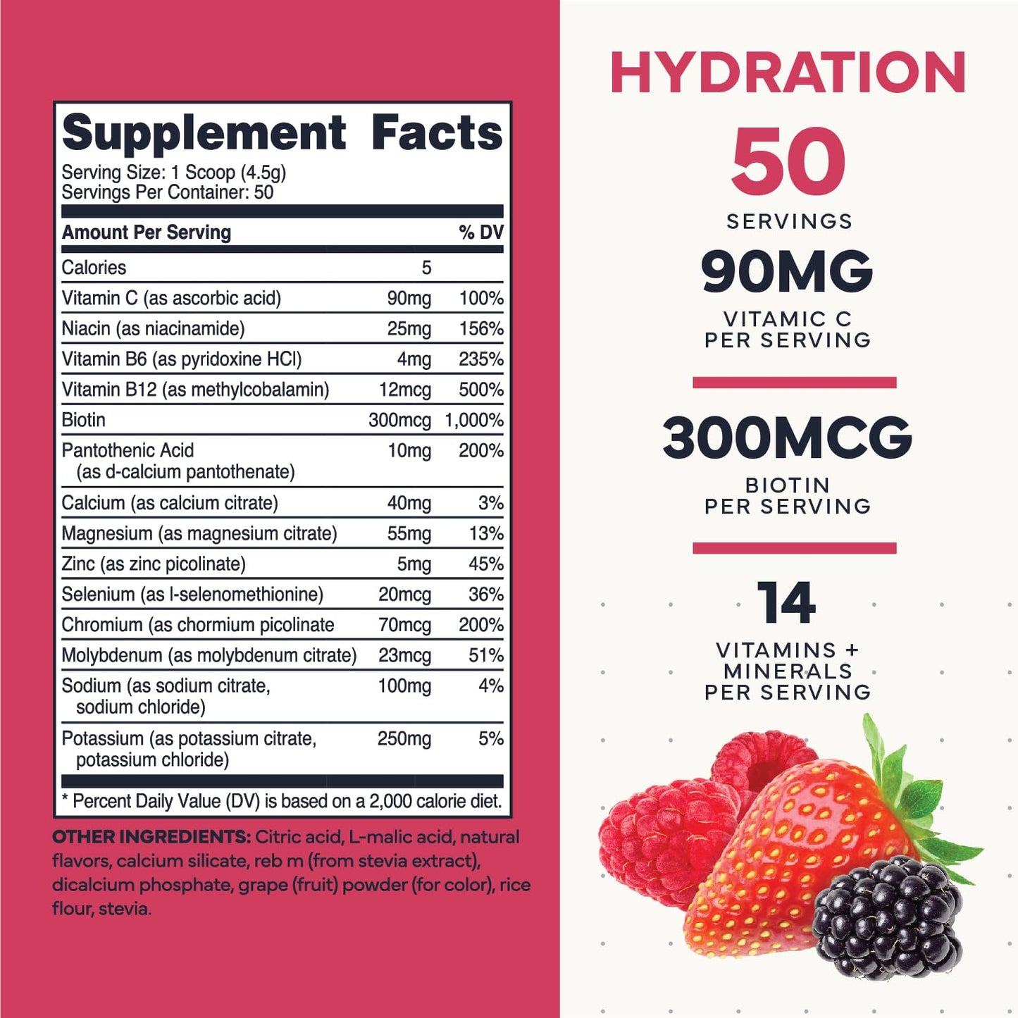 Type Zero Clean Electrolytes Hydration Powder Drink Mix + 14 Essential Vitamins & Minerals - Sugar Free, Zero Artificial Ingredients - Mixed Berry Flavor, 50 Servings Type Zero
