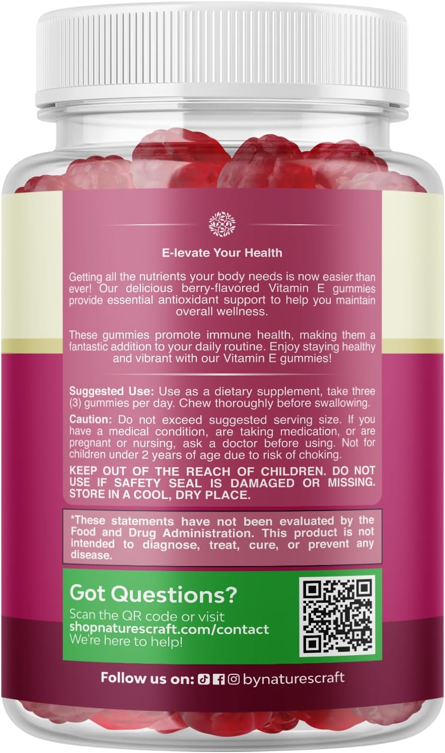Natures Craft Vitamin E Gummies for Skin Care - High-Potency Vitamin E 400 IU Skin Supplement - Delicious & Easy-to-Take Supplement Promote Health Immune Support & Cellular Protection 90 Count Gsupps Australia