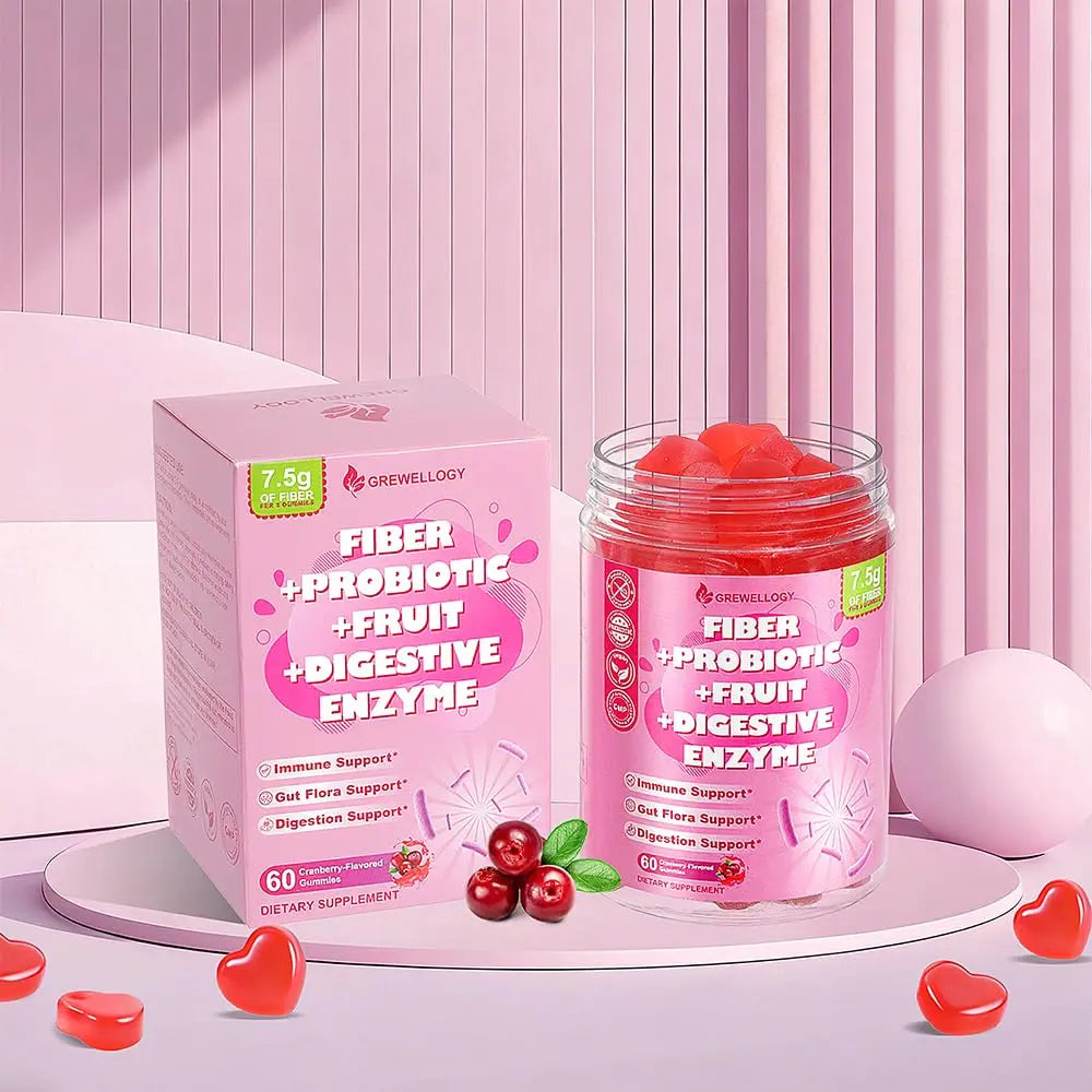 Fiber Gummies 7500mg, Probiotics & Digestive Enzymes, Sugar-Free, Vegan & Gluten-Free Supplement for Gut Health, Bloating Support & Regularity) Grewellogy