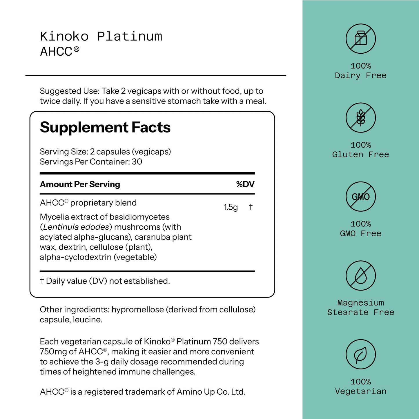Quality of Life Premium Kinoko Platinum AHCC Herbal Supplement, 750mg per Capsule, for Immune Support, Liver Function, Maintains Natural Killer Cell Activity Quality of Life
