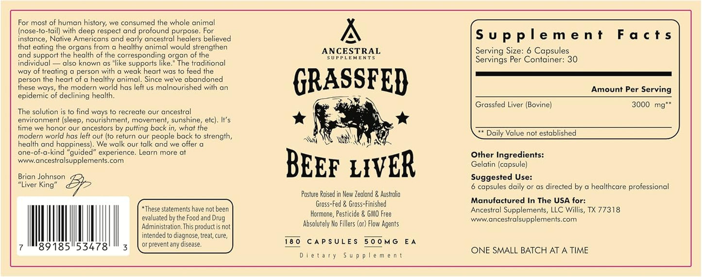 Ancestral Supplements Grass Fed Beef Liver Capsules, Supports Energy Production, Cleansing, Digestion, Immunity and Body Wellness, Non GMO, Freeze Dried Liver Support, 180 Capsules Bottle (3 Pack)