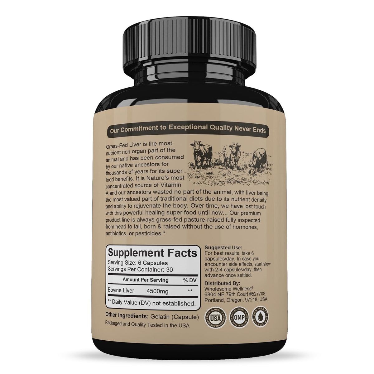 Wholesome Wellness Grass Fed Desiccated Beef Liver Capsules (180 Pills, 750mg Each) - Natural Iron, Vitamin A, B12 for Energy - Raised Undefatted in New Zealand Wholesome Wellness