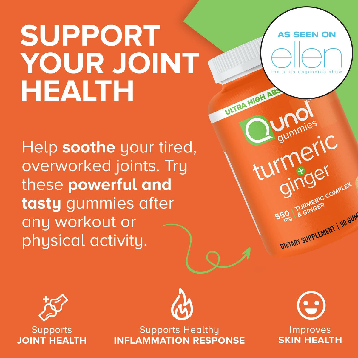 Qunol Turmeric and Ginger Gummies - Joint Support Supplement with Ultra High Absorption, 90 Count Vegan and Gluten Free Gummies Qunol