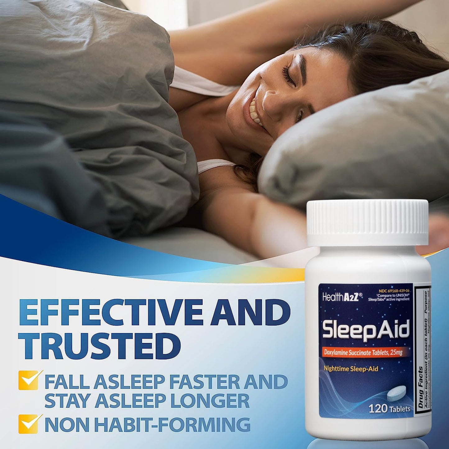 HealthA2Z® Nighttime Sleep-Aid, Doxylamine Succinate Tablets 25mg, 120 Counts (Pack of 1), Safe & Effective HealthA2Z