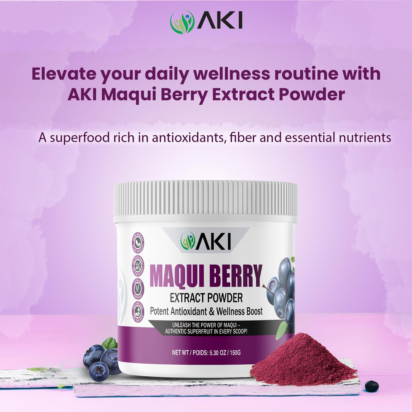 AKI Maqui Berry Extract Powder – Wild Harvested from Patagonia, High in Anthocyanins & Polyphenols, Freeze-Dried Superfruit for Smoothies, Non-GMO, Vegan, 150g/ 5.3 oz AKI ORGANIC