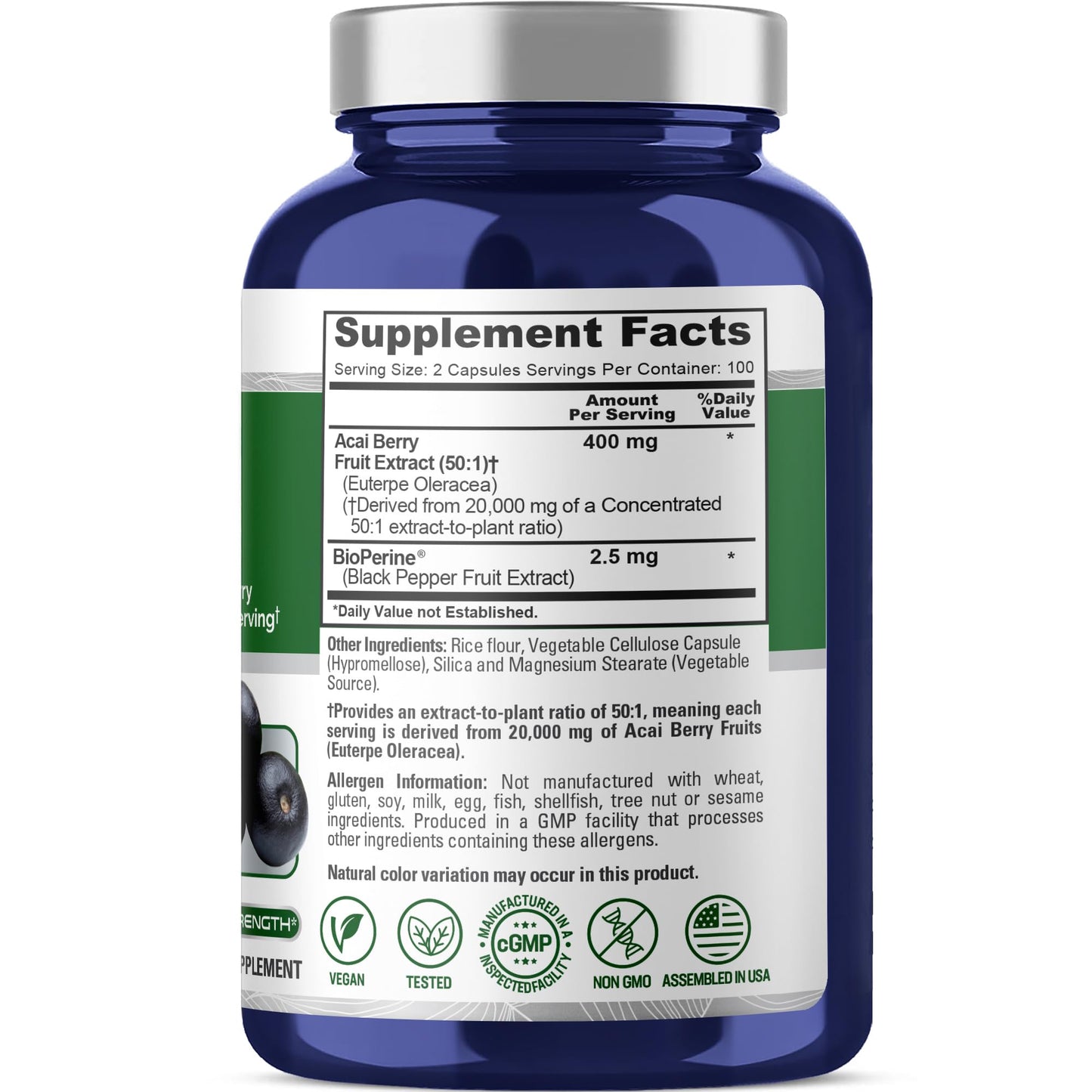 NusaPure Acai Berry 50:1 Extract - Suitable for Vegetarian/Vegan, Non - GMO - 20000 mg - 200 Capsules NusaPure
