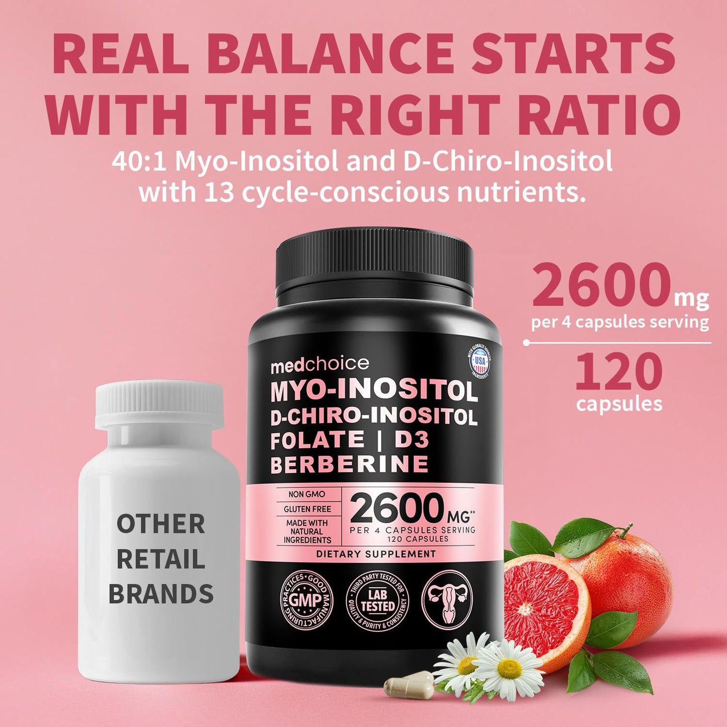 14-in-1 Women’s Inositol Complex Supplement – 40:1 Myo & D-Chiro Inositol with Folate, Vitamin D3, Zinc, Magnesium & Botanicals for Hormone MEDCHOICE