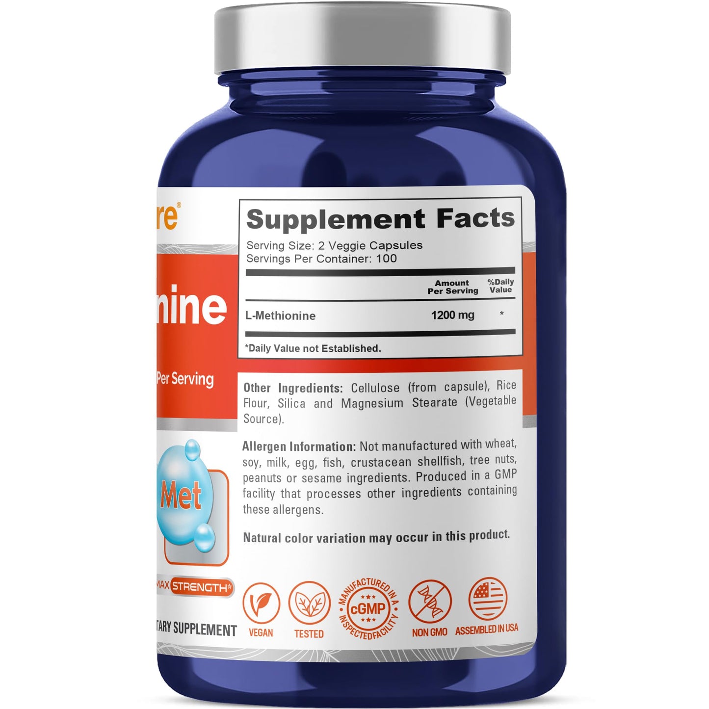 NusaPure L Methionine 1200mg | 200 Capsules | Non-GMO | Vegan Supplement NusaPure