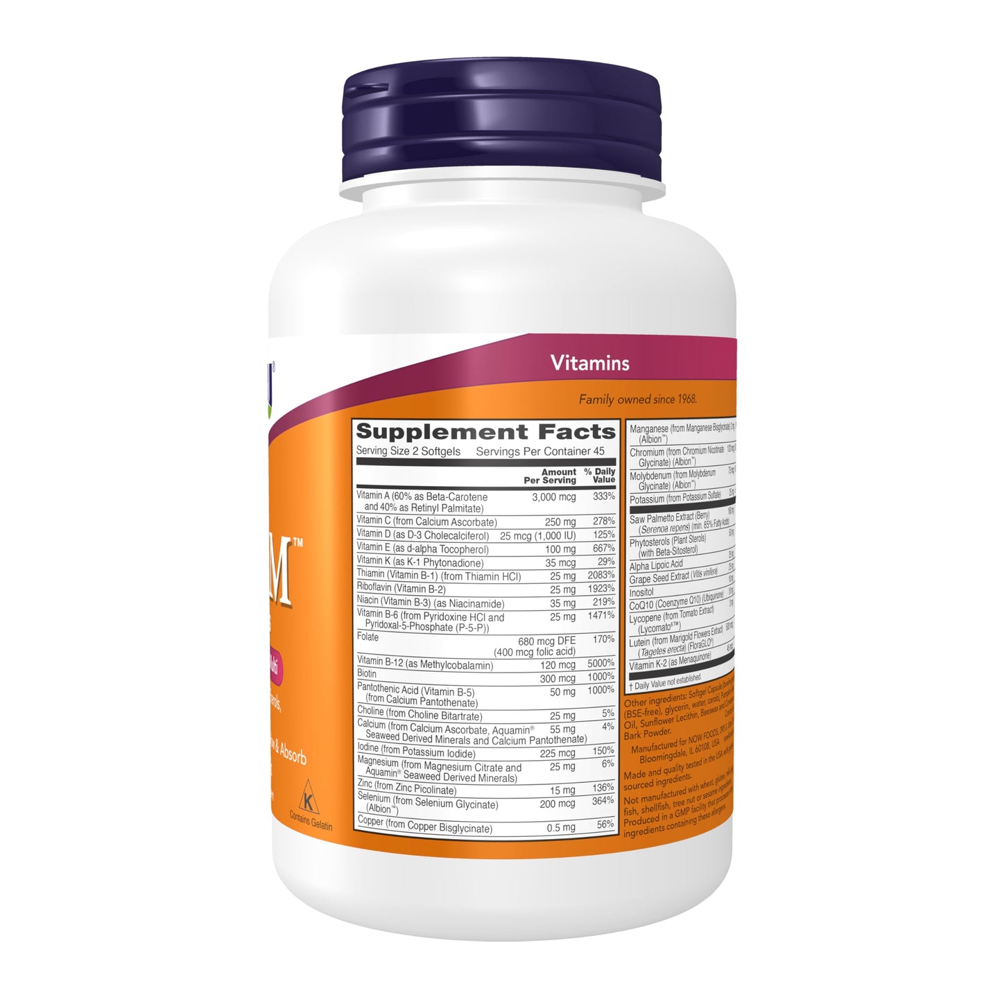 NOW Supplements, ADAM™ Men's Multivitamin with Saw Palmetto, Plant Sterols, Lycopene & CoQ10, 90 Softgels NOW Foods