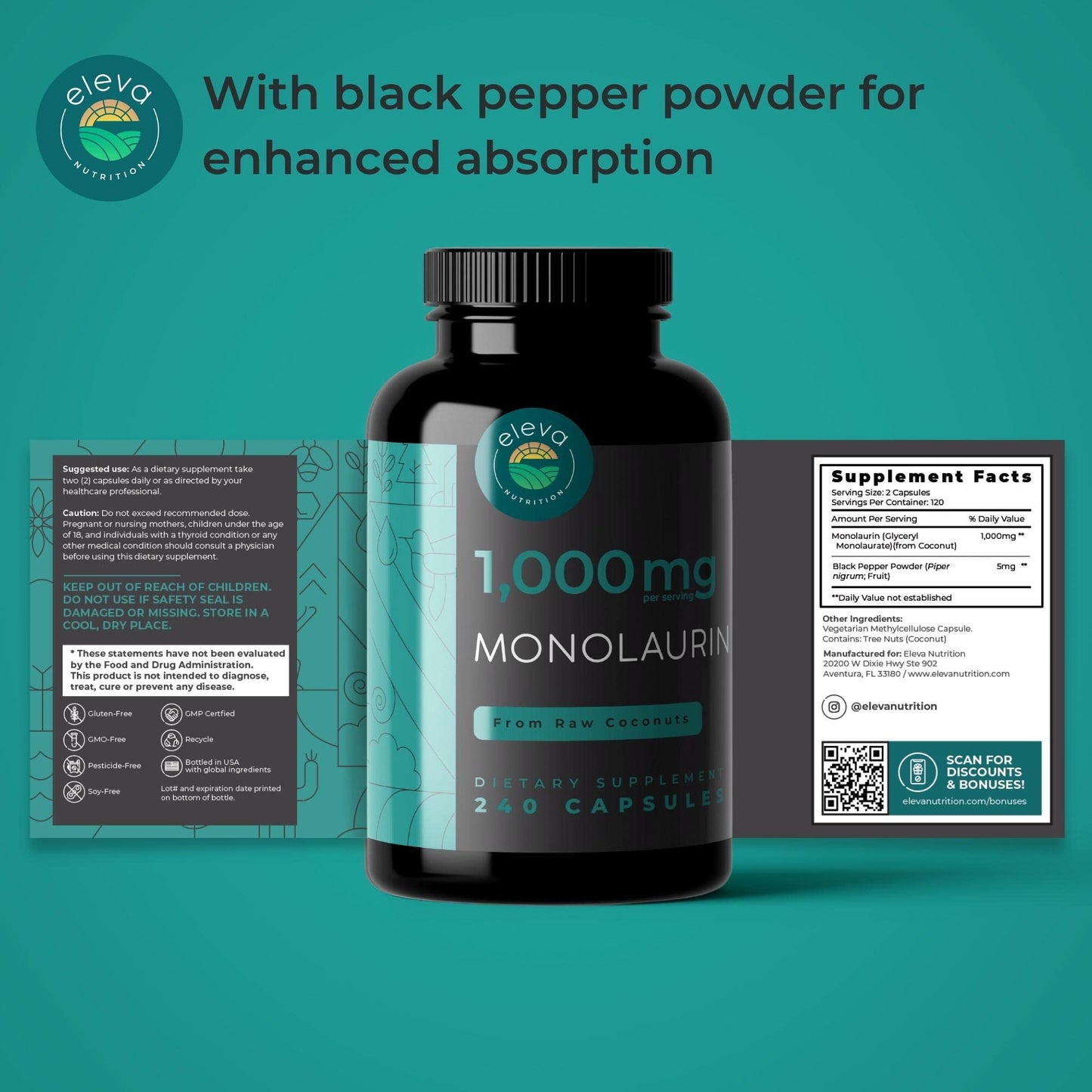 Monolaurin 1000mg Capsules — Made with Pure Glycerol and Lauric Acid from Raw Coconut — Natural Vegans- Non-GMO and Soy Free — 240 Capsules Eleva Nutrition