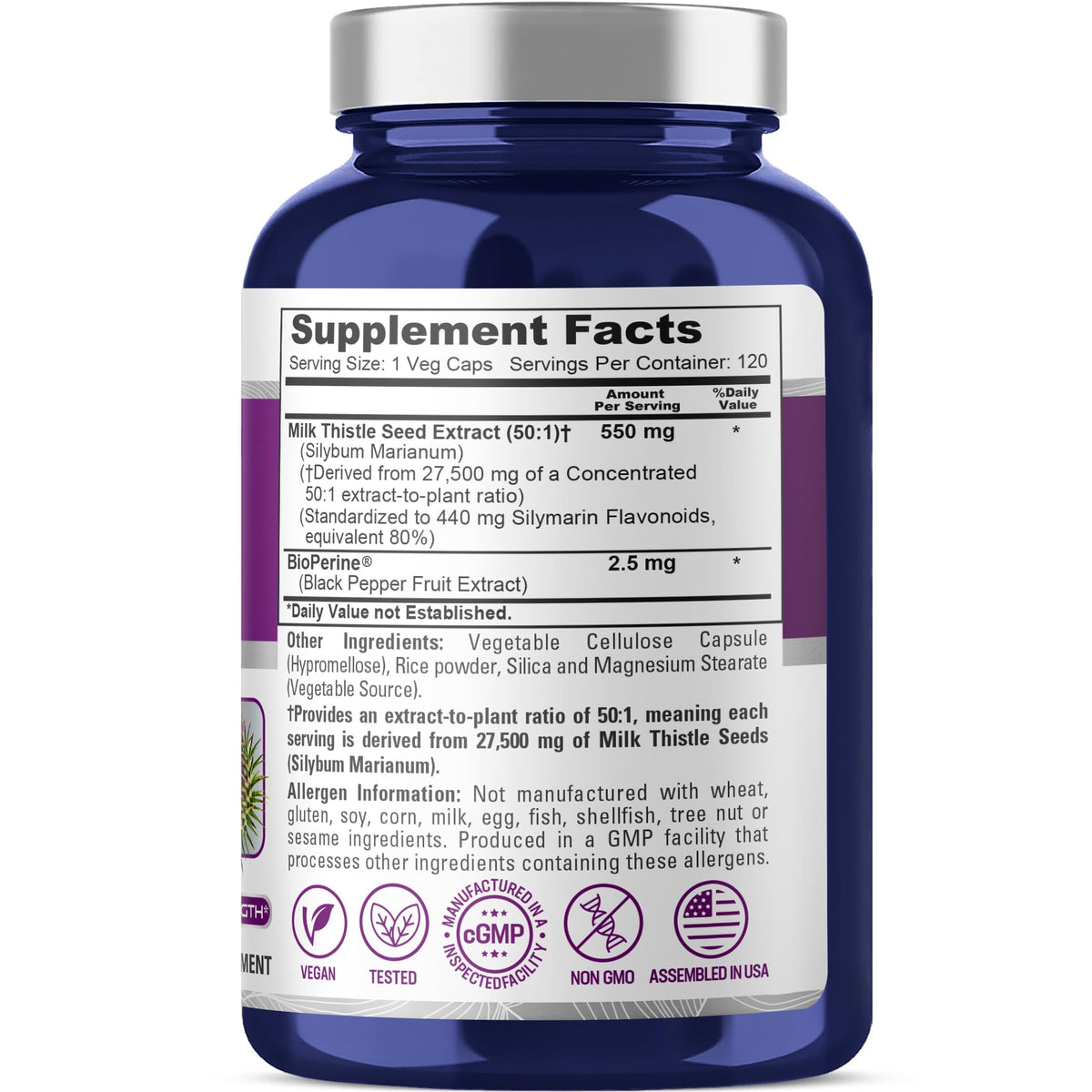NusaPure Milk Thistle 50:1 Extract, 550 mg Equivalent to 27,500mg 120 Veggie Capsules Non-GMO, Vegan Max Strength - Standardized 80% Silymarin, Bioperine NusaPure