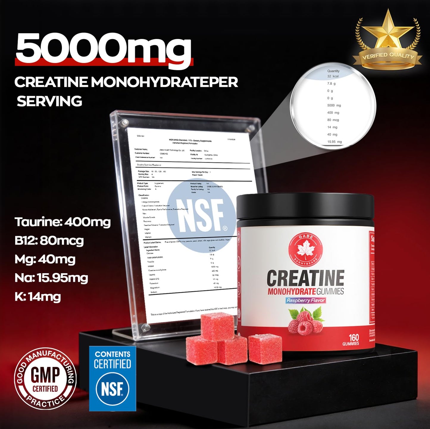 GABE SUNNYBEARS Creatine Gummies, NSF Certified, 5g Creatine Monohydrate per Serving with Taurine & B12, Raspberry Flavor, 160 Count, for Men & Women GABE SUNNYBEARS