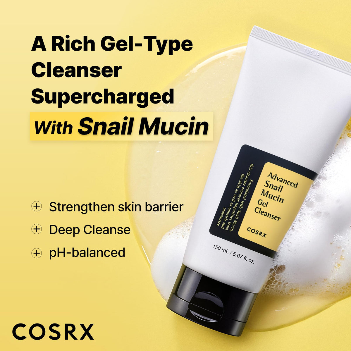 COSRX Advanced Snail Mucin Gel Cleanser, 5.07 Fl Oz / 150 mL, Rich Daily Deep Cleansing Gel for Dry & Sensitive Skin COSRX