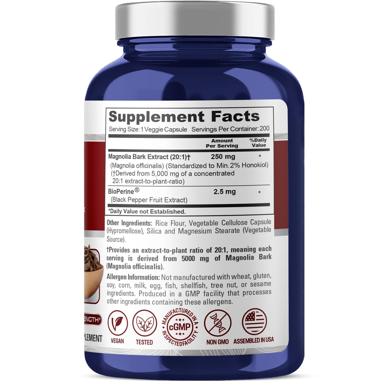 NusaPure Magnolia Bark 20:1 Extract, 250 mg Equivalent to 5,000 mg 200 Vegan Vegetarian Capsules Non-GMO NusaPure