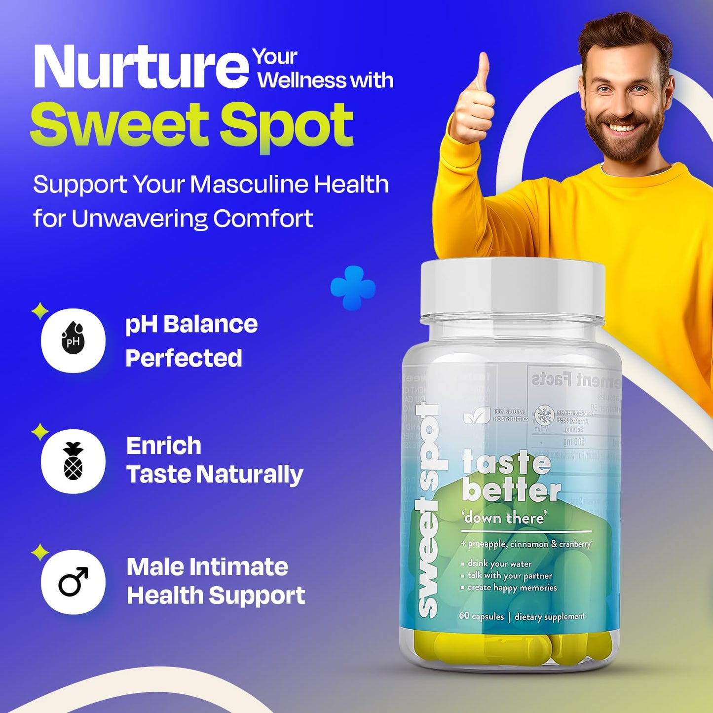 Pineapple Probiotics for Men – 625mg Sweet Spot Formula with Pineapple Extract, Cranberry & Cinnamon, Supports pH Balance & Freshens Taste, 60 Capsules, Made in the USA TASTE THE SWEET SPOT