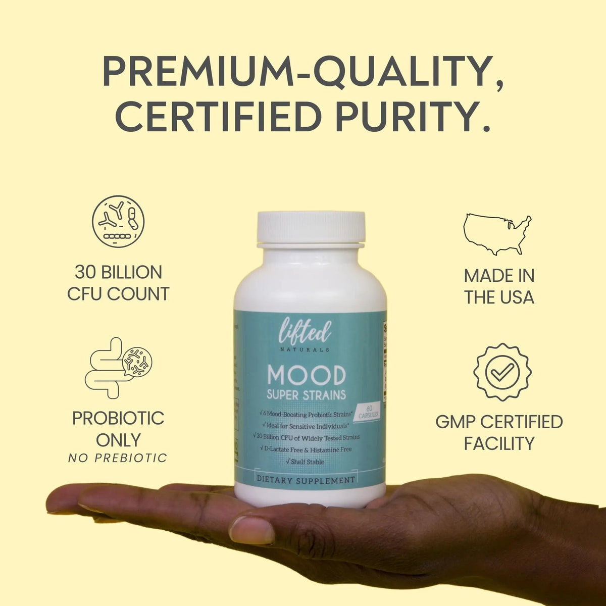 Probiotics - Mood Super Strains Probiotic - Naturally Supports Digestion & Mood - Histamine-Free Probiotics w/ L Rhamnosus GG, Shelf Stable Probiotic Supplement, 60 Day Supply, Non-GMO, VEGAN Lifted Naturals