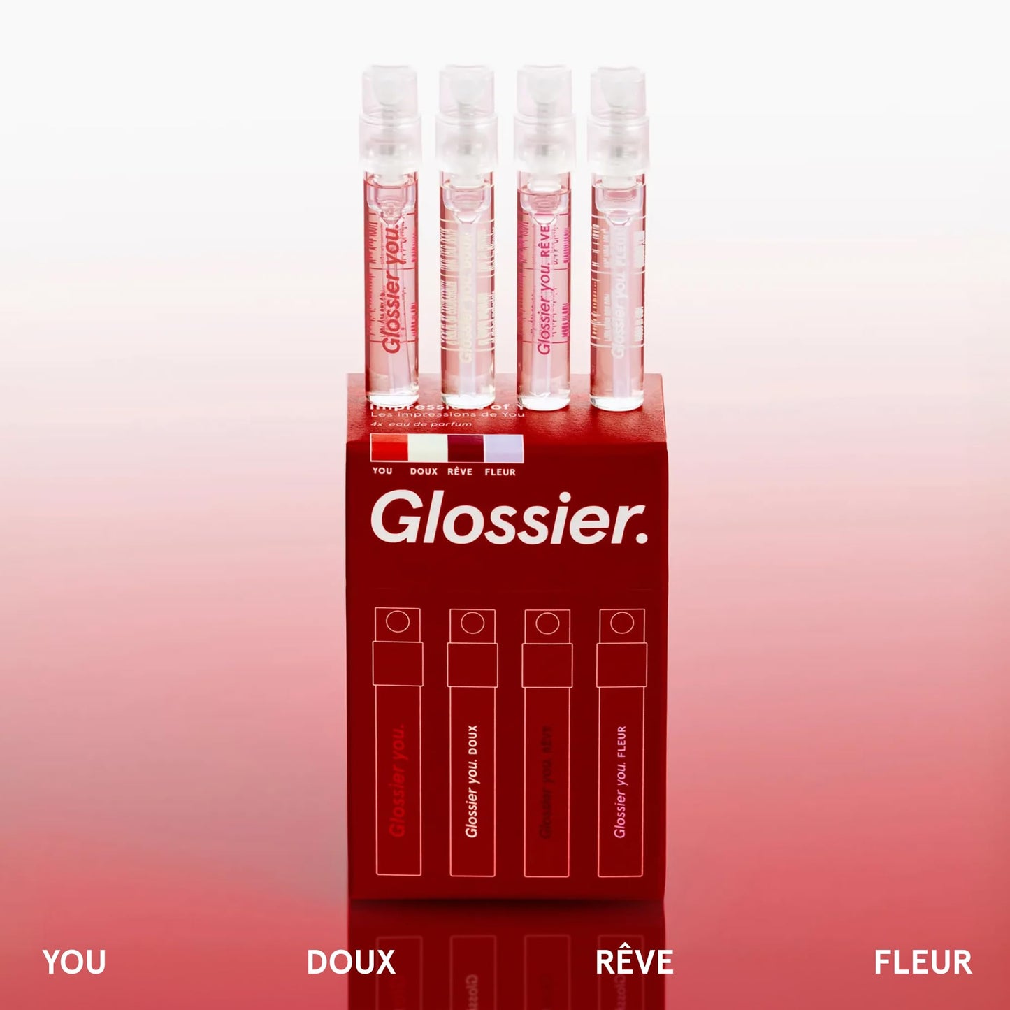 Glossier You Mini Wardrobe Fragrance Set - 4 Unisex Travel Size Eau de Parfum for Women & Men - Skin-Scent Enhancer Perfume Sampler, Smells Different on Everyone - You, Fleur, Doux, Rêve - 1.5ml Each Glossier