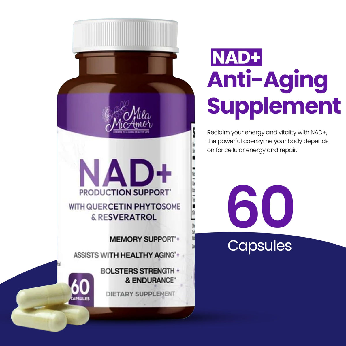 Mila Miamor NAD+ for Cellular Energy & Anti-Aging Supplement| Boost Focus, Vitality & Mitochondrial Function | Supports DNA Repair, Brain Health & Endurance | Non-GMO, Gluten-Free | 60 Capsules Mila Miamor