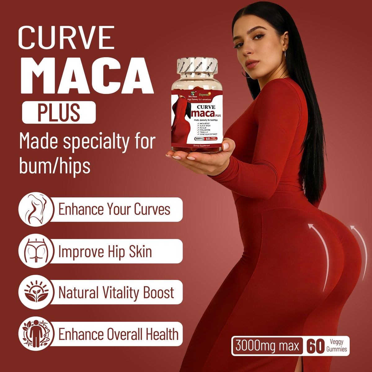 Wins Town Maca Plus Gummies 3000mg, Glute Boost Vitamins for Women, Supports Curves, Energy & Skin Health, Strawberry Flavor, Vegan, 60 Count Wins Town