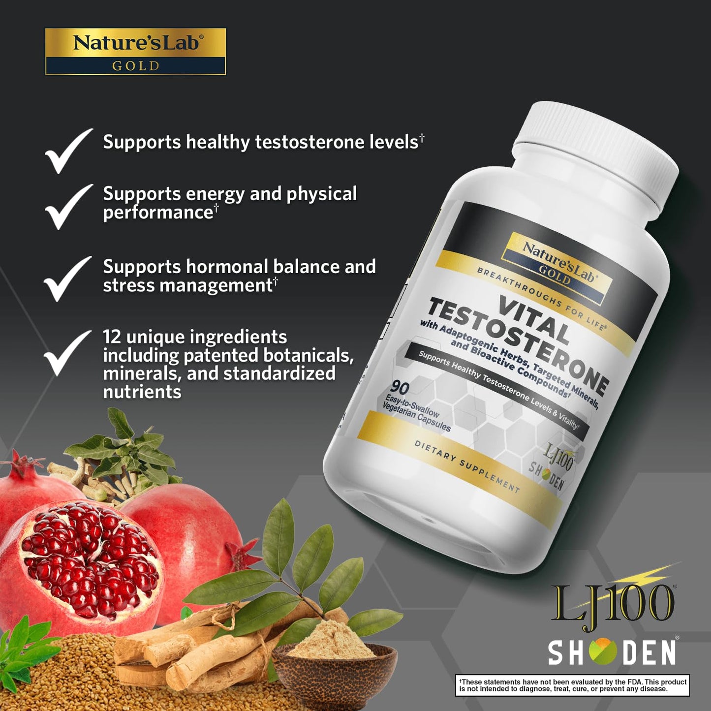 Nature's Lab Gold Vital Testosterone with Adaptogenic Herbs, Targeted Minerals and Bioactive Compounds* - Supports Healthy Testosterone Levels & Vitality* - 90 Capsules (30 Day Supply) Nature's Lab