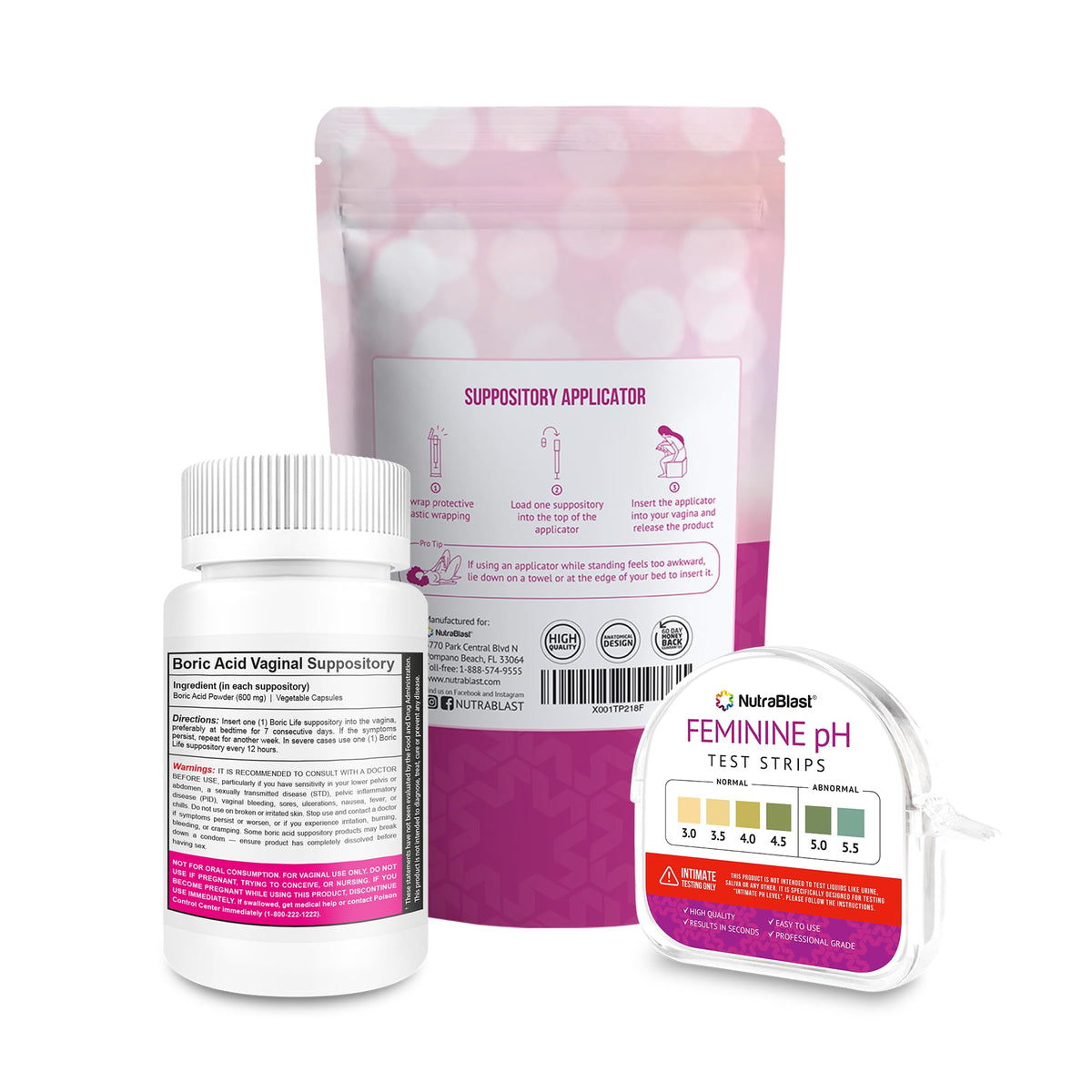 NutraBlast Boric Acid Suppositories 600mg (30 Count) Bundle with Disposable Suppository Applicators (15-Pack) and Feminine pH Test Strips 3.0-5.5 (100 Tests Roll) NutraBlast