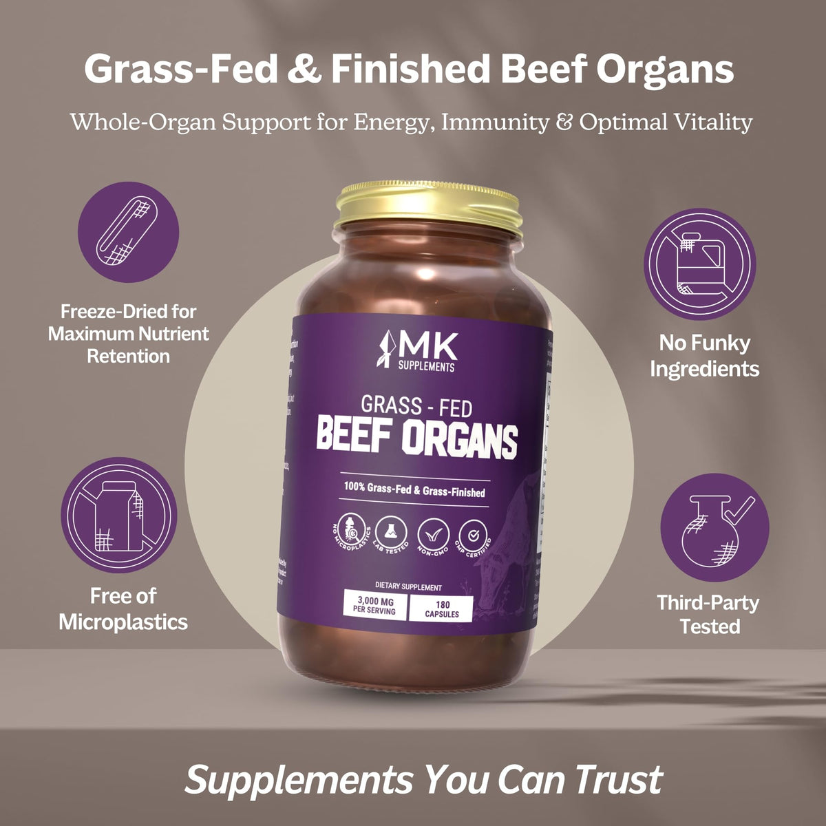 MK Supplements Grass-Fed Beef Organs Capsules | 5 Organs in Nature-Identical Ratios | B12, Copper & Heme Iron | Regeneratively Raised | 150 Capsules MK Supplements