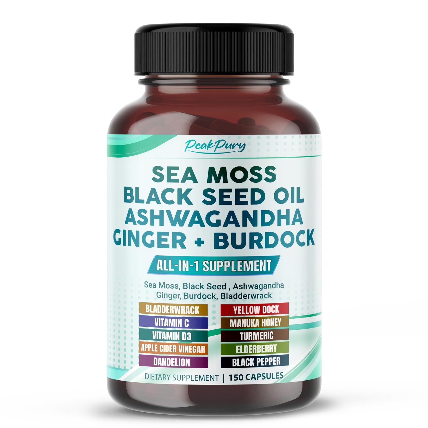 PEAKPURY Sea Moss Black Seed Oil Ashwagandha Ginger Burdock Bladderwrack - Immunity Support PEAKPURY