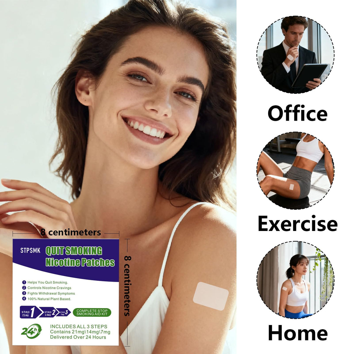 STPSMK Nicotine Patches 28mg - Adjustable 4-Step Dose (28/21/14/7mg) | Plant-Based | 24HR | Quit Smoking & Vaping Kit (15 Patches) STPSMK