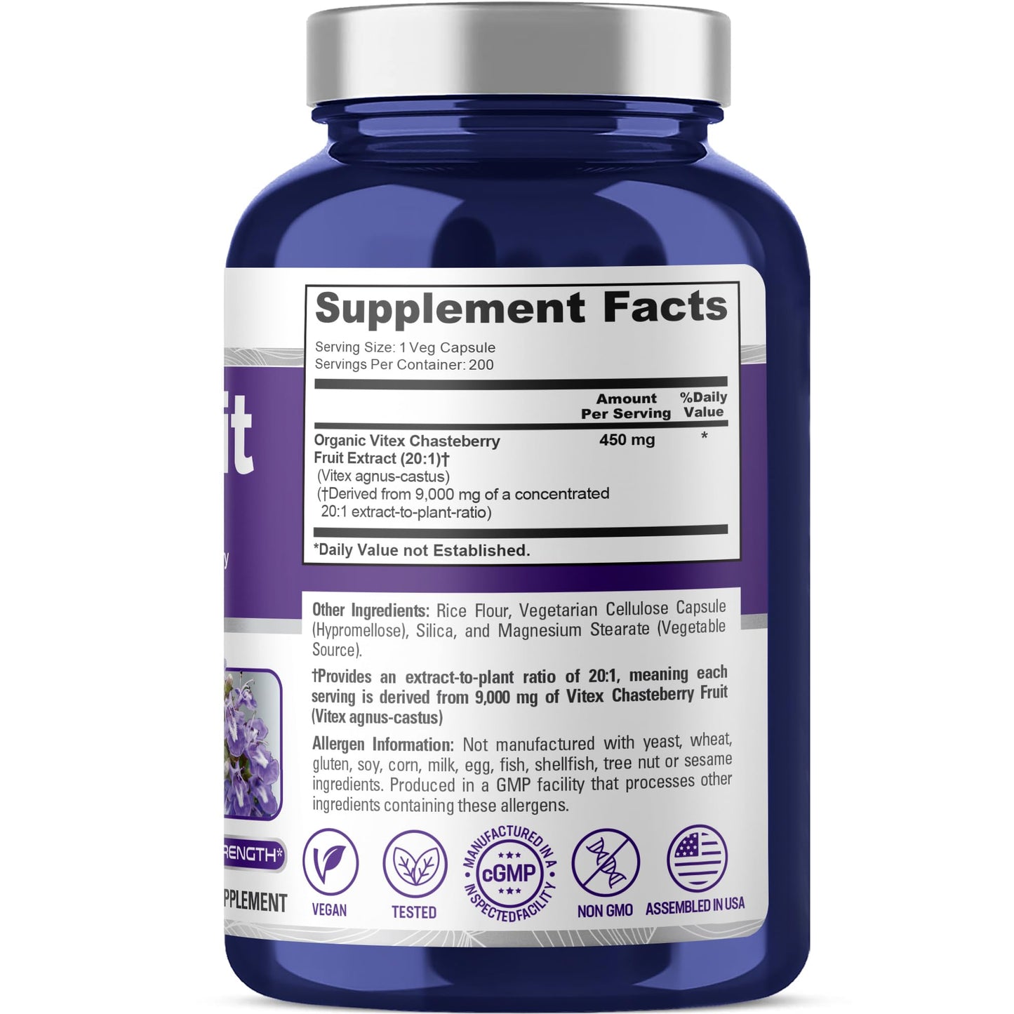 NusaPure Vitex Chasteberry Fruit 20:1 Extract, 450 mg Equivalent to 9,000 mg 200 Vegan Capsules - Non-GMO, Vegan Dietary Supplement NusaPure