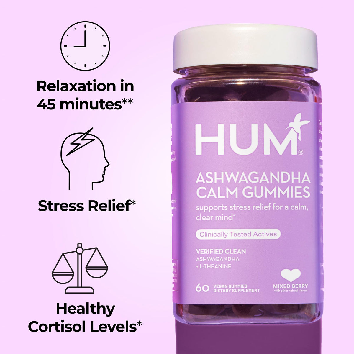 HUM Calm Ashwagandha Gummies for Women and Men, L-Theanine Ashwagandha Supplements for Daily Relaxation & Clarity Support, Vegan Fast Acting Gummy Formula, Mixed Berry Flavor, 60 Gummies HUM