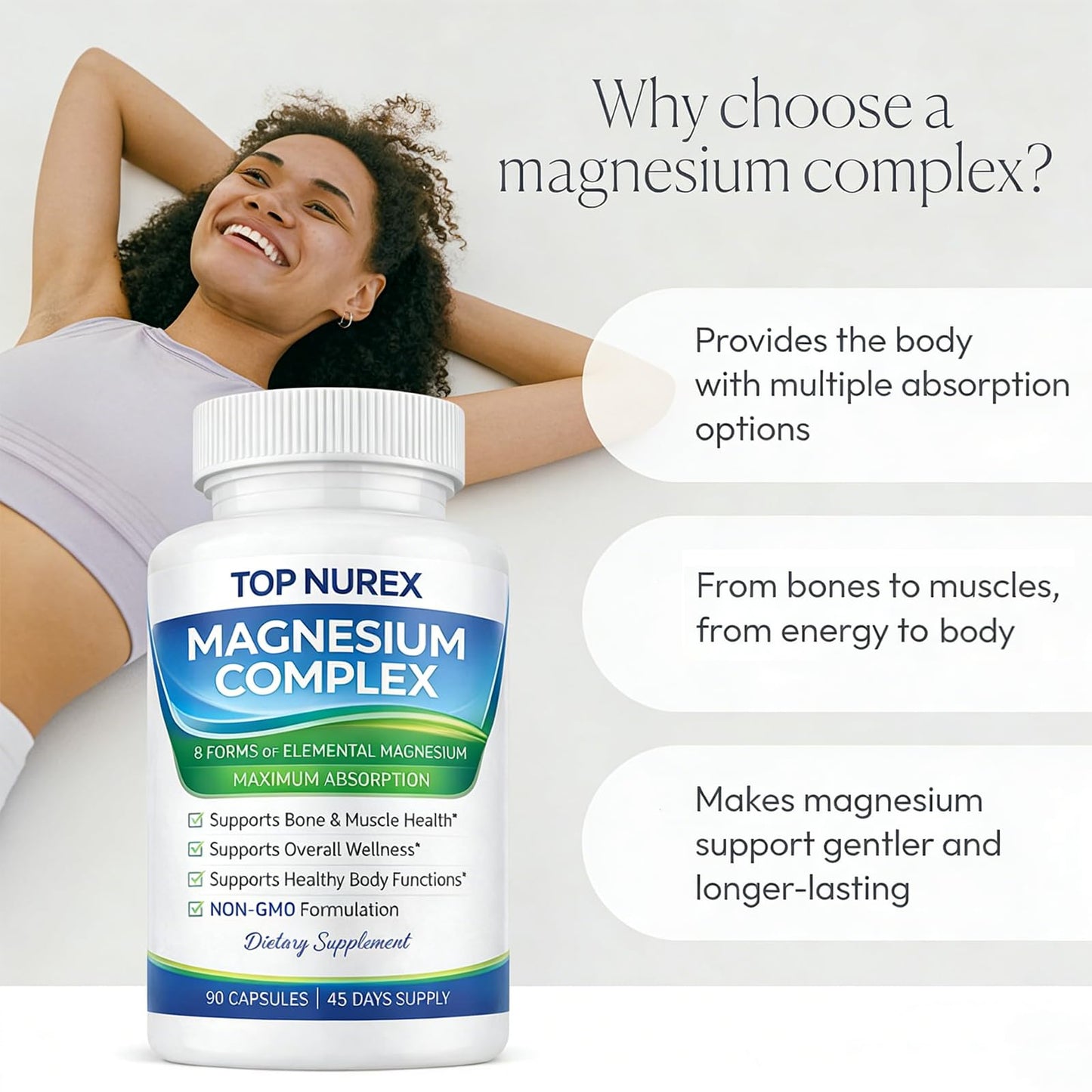 Top Nurex Magnesium Complex 1000 mg, 8-Source Magnesium Blend with Glycinate, Citrate, Malate & Taurate, Vegan Formula, Non-GMO, 90 Capsules Top Nurex