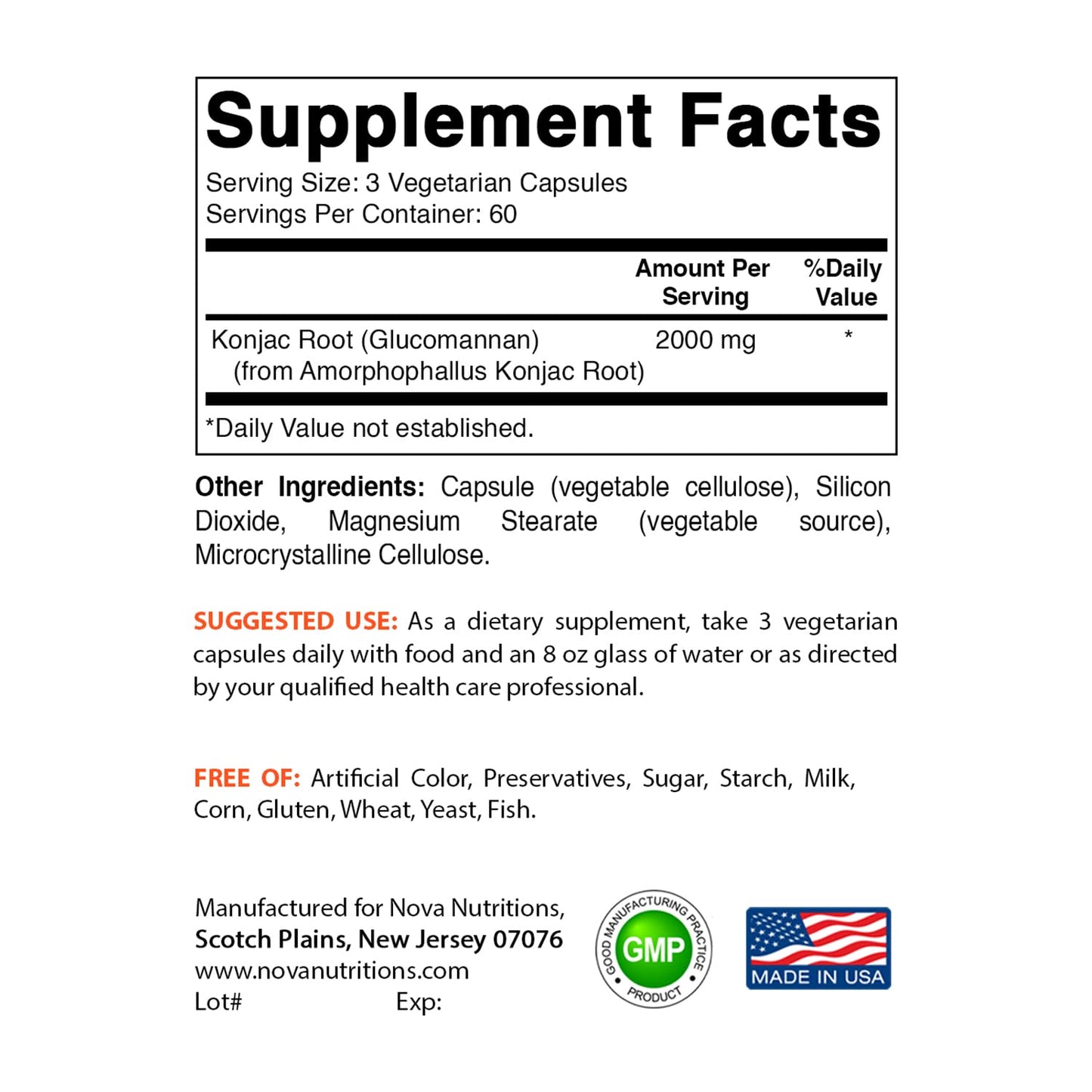 Nova Nutritions 2 Pack Konjac Root Glucomannan Capsules 2000 mg/Serving Veggie Caps Nova Nutritions