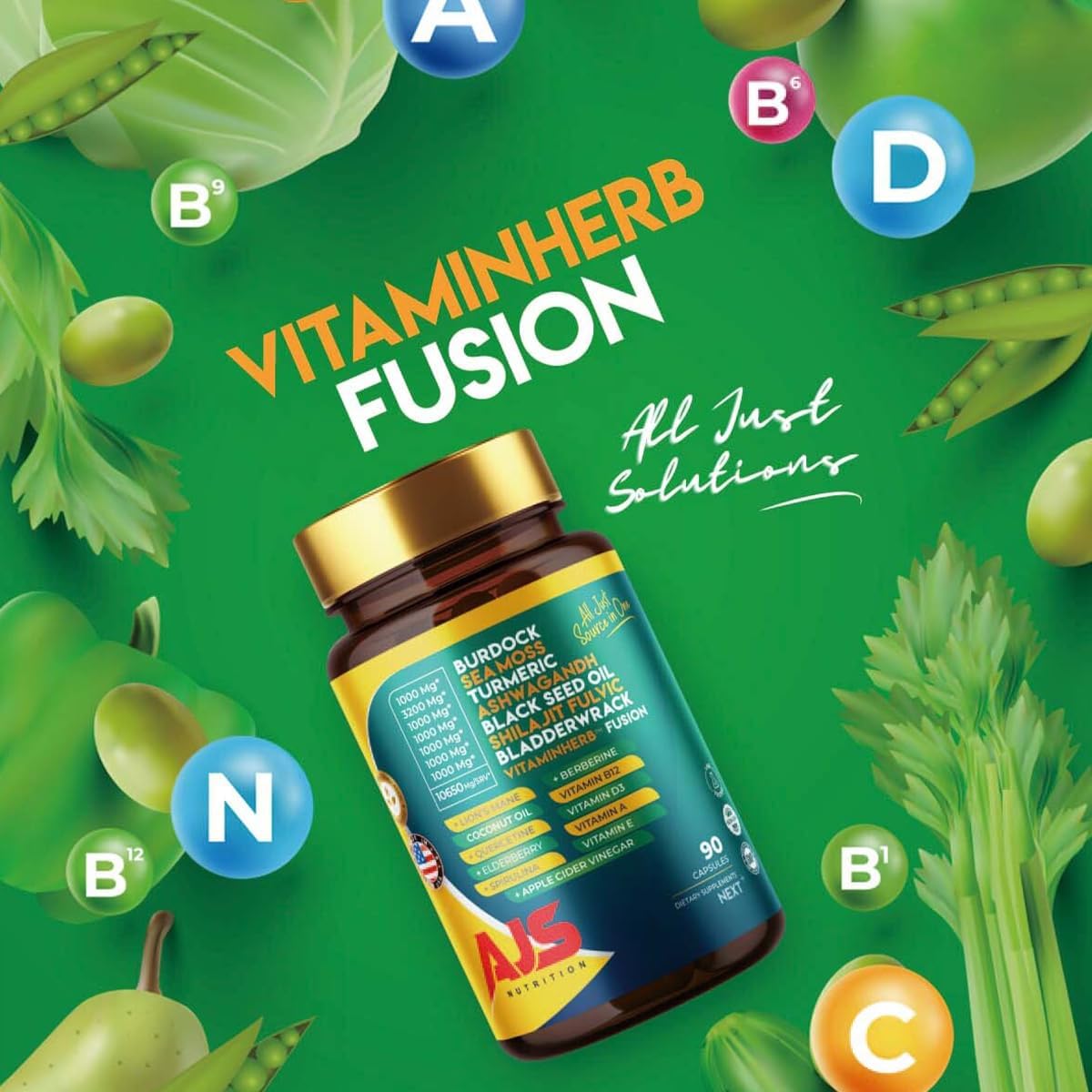 AJS Sea Moss Capsules 3200mg, Himalayan Shilajit 1000mg with Black Seed Oil, Ashwagandha, Turmeric, Bladderwrack, Burdock, Vitamins, Berberine, Lion’s Mane Mushroom, Elderberry- 90 Caps AJS Nutrition
